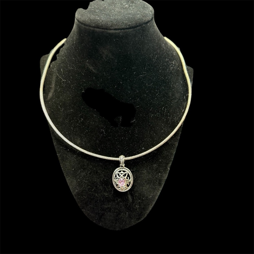 Avon scroll pendant/earring faceted stone Silver/Pink Vintage Necklace set